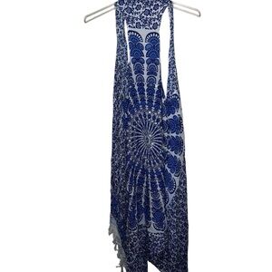 Boho Open Front Blue and White Duster Mandala Print with Bling OSFM
